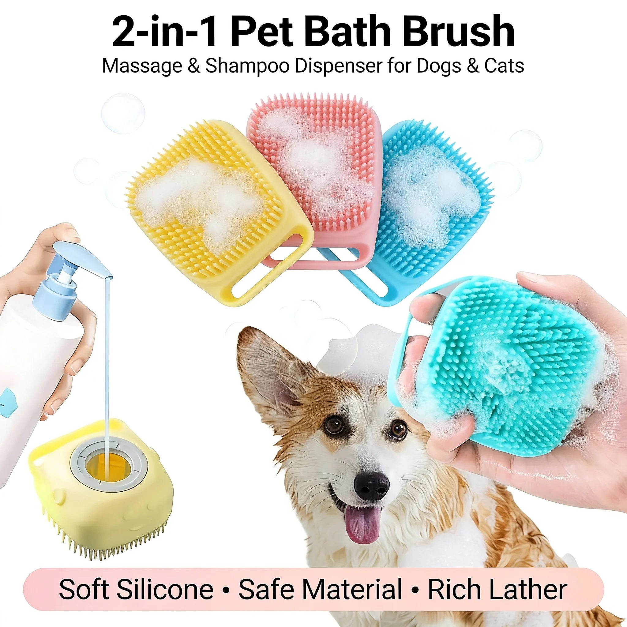 Pet Bath Brush with Built-In Shampoo Dispenser