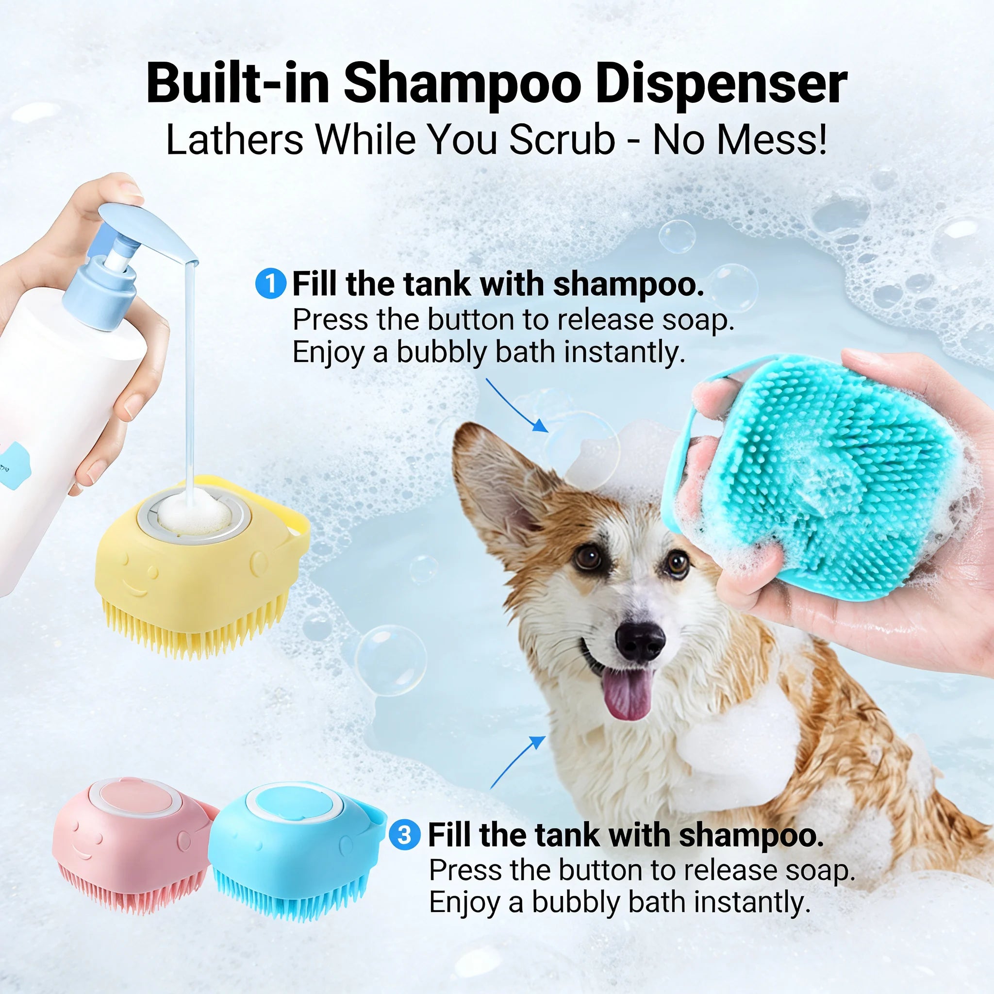 Pet Bath Brush with Built-In Shampoo Dispenser